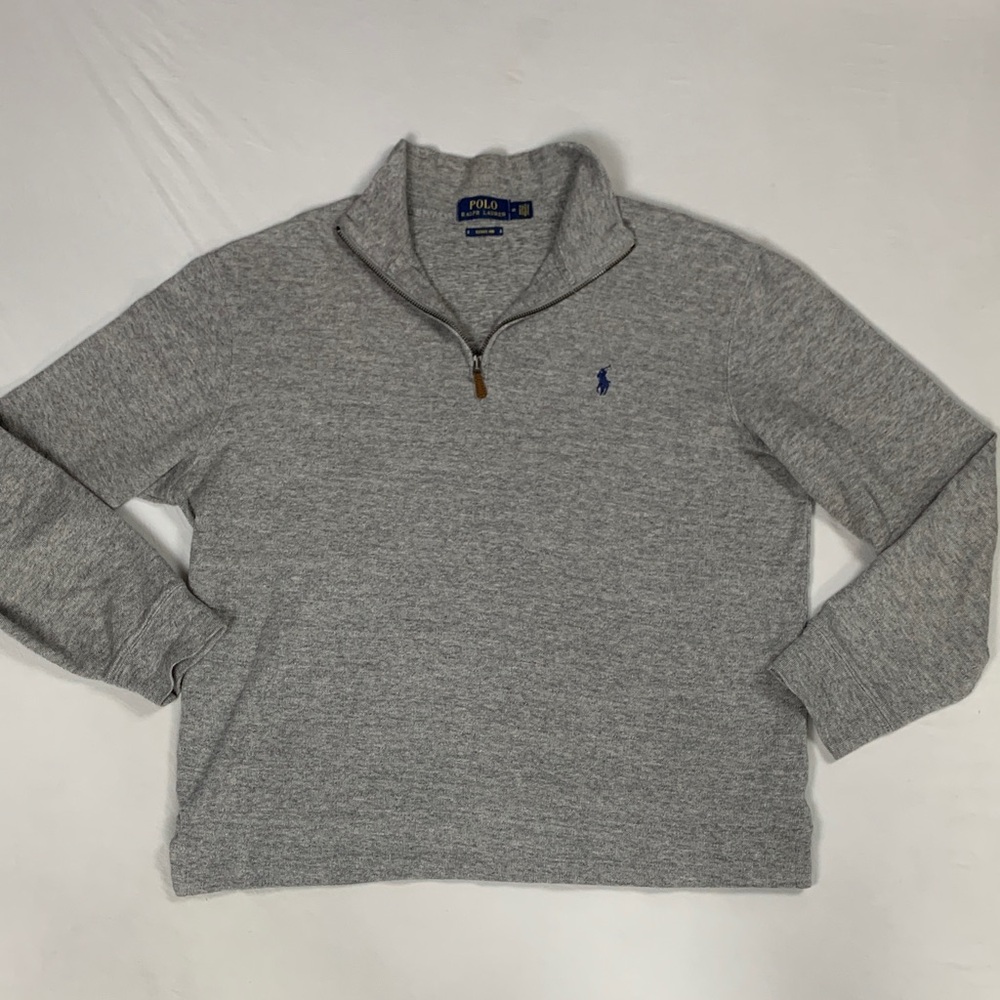 Polo Ralph Lauren Heather Gray Quarter-Zip Estate Rib Sweater Navy Pony Men’s M